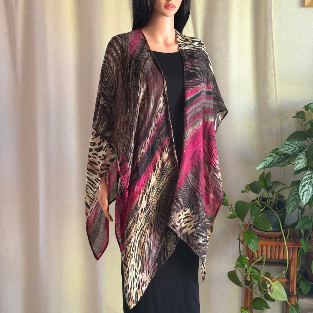 Chicos Linen Animal Print Kimono Wrap Pink Brown Abstract One Size Bohemian
